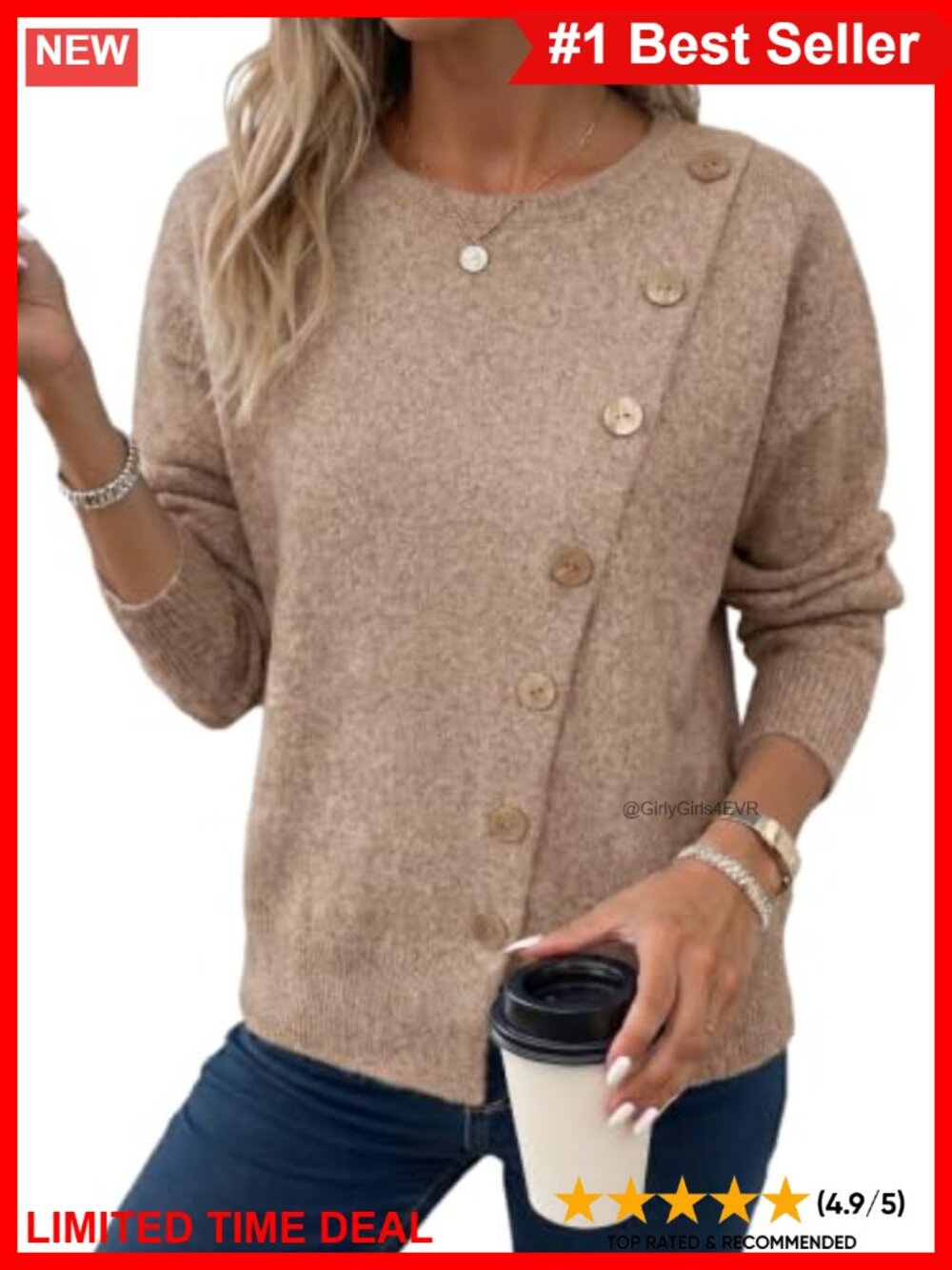 Crewneck Long Sleeve Knit Sweater Pullover with Button Accents